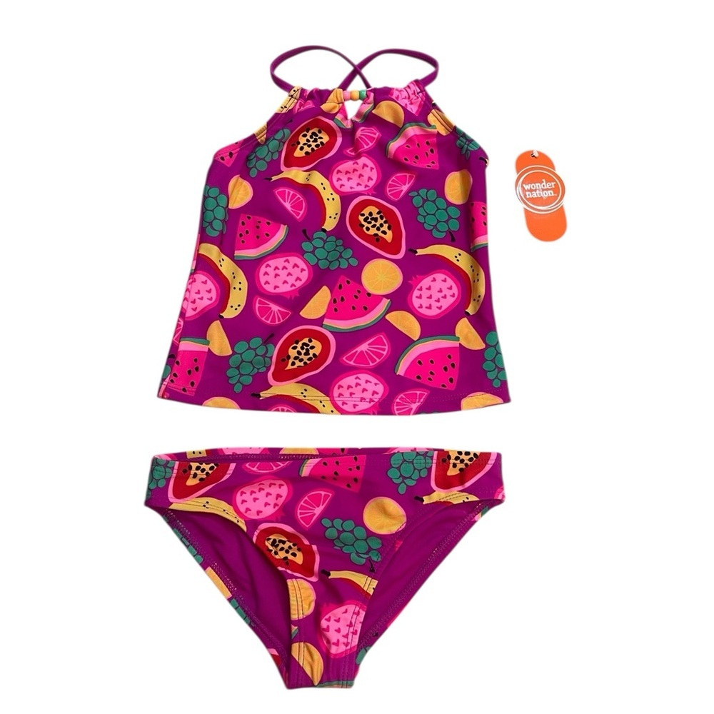 Wonder Nation Beaded Tankini Multicolor Fruit Swimsuit 2 Piece Girls Size S(6-6X